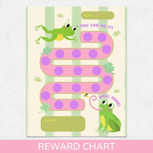 May include: A reward chart featuring a light green and cream striped background with two green frogs. A winding pink path contains purple circles for tracking progress. The text reads "YOU CAN DO IT!" and "WELL DONE!" with spaces for "NAME:" and "REWARD:" labels.