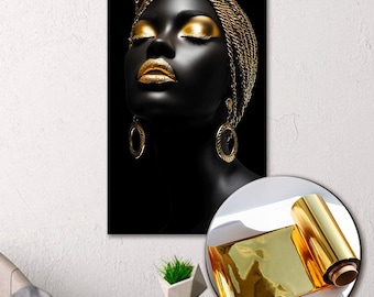 Impresión en lienzo de niña con arte de pared en lámina de oro para interiores modernos.