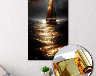 Arte mural dorado metálico de velero sobre lienzo con impresión con detalles en papel metalizado