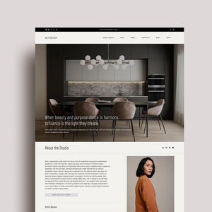 May include: Website mockup for Anita Becker, featuring a modern interior design theme. The page includes a kitchen with a dining table, text that reads "When beauty and purpose dance in harmony, brilliance is the light they create."