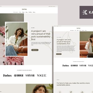 K&ouml;nnte beinhalten: Webdesign mit einer Frau und dem Text "Ein Projekt, auf das ich sehr stolz bin, das Nachhaltigkeit an erste Stelle setzt." Die Website zeigt die Logos von Forbes, Glamour, Vanity Fair und Vogue.