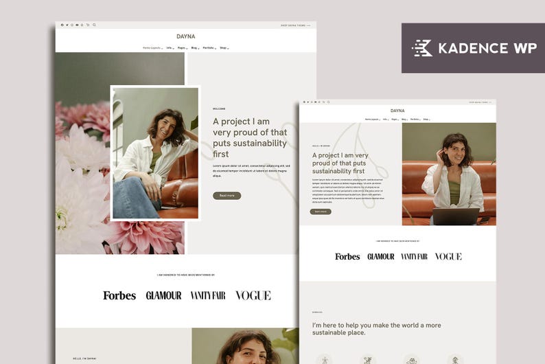 K&ouml;nnte beinhalten: Webdesign mit einer Frau und dem Text "Ein Projekt, auf das ich sehr stolz bin, das Nachhaltigkeit an erste Stelle setzt." Die Website zeigt die Logos von Forbes, Glamour, Vanity Fair und Vogue.