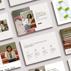 K&ouml;nnte beinhalten: Eine Sammlung von Website-Mockups mit hellbeigem Hintergrund. Die Mockups zeigen Bilder einer Frau, Text und Designelemente. Der Text enth&auml;lt "Ein Projekt, auf das ich sehr stolz bin, das Nachhaltigkeit in den Vordergrund stellt" und "Hallo! Ich bin Dayna, eine leidenschaftliche Nachhaltigkeitsbef&uuml;rworterin."