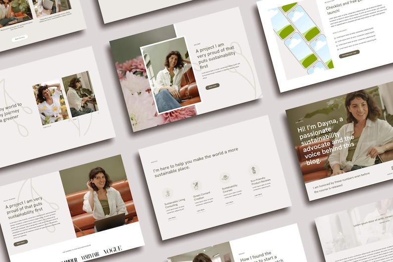 K&ouml;nnte beinhalten: Eine Sammlung von Website-Mockups mit hellbeigem Hintergrund. Die Mockups zeigen Bilder einer Frau, Text und Designelemente. Der Text enth&auml;lt "Ein Projekt, auf das ich sehr stolz bin, das Nachhaltigkeit in den Vordergrund stellt" und "Hallo! Ich bin Dayna, eine leidenschaftliche Nachhaltigkeitsbef&uuml;rworterin."