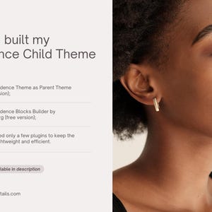 K&ouml;nnte beinhalten: Eine Frau mit dunkler Haut tr&auml;gt goldene, rechteckige Ohrringe. Das Bild enth&auml;lt den Text: "How I built my Kadence Child Theme" und Details zum Aufbau des Themes, einschlie&szlig;lich der Verwendung von Kadence Theme und Gutenberg.