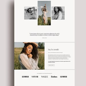 Op de afbeelding: Website-ontwerp met de naam "ARMELLE" bovenaan, drie zwart-wit foto's van een vrouw en tekst met "Hey, I'm Armelle!" en logo's van Glamour, Vanity Fair, Vogue en Forbes.