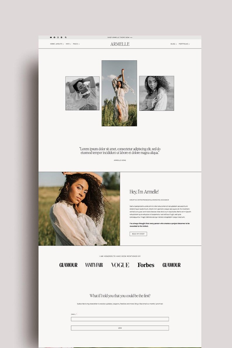 Op de afbeelding: Website-ontwerp met de naam "ARMELLE" bovenaan, drie zwart-wit foto's van een vrouw en tekst met "Hey, I'm Armelle!" en logo's van Glamour, Vanity Fair, Vogue en Forbes.