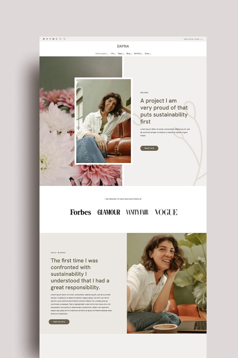 K&ouml;nnte beinhalten: Ein Website-Mockup mit dem Markennamen "DAYNA" oben. Die Seite zeigt eine Frau in einem wei&szlig;en Hemd und Jeans, den Text "Ein Projekt, auf das ich sehr stolz bin, das Nachhaltigkeit an erste Stelle setzt" und Logos von Forbes, Glamour, Vanity Fair und Vogue.