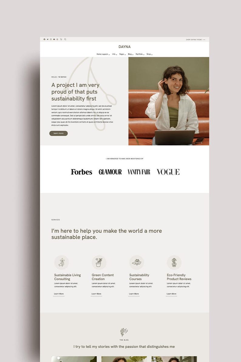 K&ouml;nnte beinhalten: Webdesign mit dem Namen "DAYNA" oben. Die Seite zeigt eine Frau auf der rechten Seite und Text auf der linken Seite mit der Aufschrift "Ein Projekt, auf das ich sehr stolz bin, das Nachhaltigkeit an erste Stelle setzt". Logos von Forbes, Glamour, Vanity Fair und Vogue sind ebenfalls sichtbar.