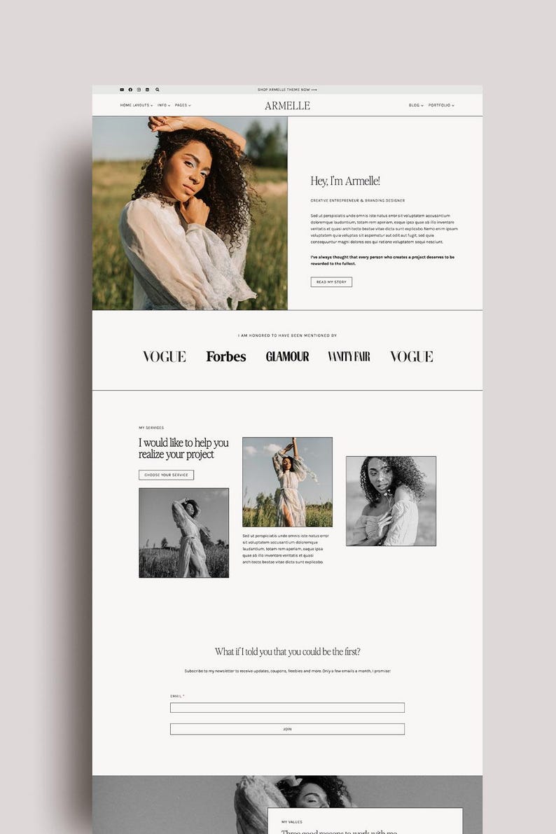 Op de afbeelding: Website-ontwerp met de naam "ARMELLE" bovenaan, met een portret van een vrouw met krullend haar. De site bevat tekst, afbeeldingen en logo's van Vogue, Forbes, Glamour en Vanity Fair.