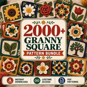 May include: A collection of colourful crochet granny squares featuring floral and botanical motifs, surrounding a central sign that reads 2000+ GRANNY SQUARE PATTERN BUNDLE, with bottom icons for instant download, lifetime access, and PDF patterns.