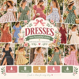 Puede incluir: Un collage digital de varios estilos de vestidos, incluyendo dise&ntilde;os florales, s&oacute;lidos y estampados con mangas abullonadas, frentes cruzados y faldas escalonadas. El gr&aacute;fico central presenta el texto DRESSES Sew beautiful styles.