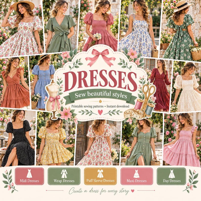 Puede incluir: Un collage digital de varios estilos de vestidos, incluyendo dise&ntilde;os florales, s&oacute;lidos y estampados con mangas abullonadas, frentes cruzados y faldas escalonadas. El gr&aacute;fico central presenta el texto DRESSES Sew beautiful styles.
