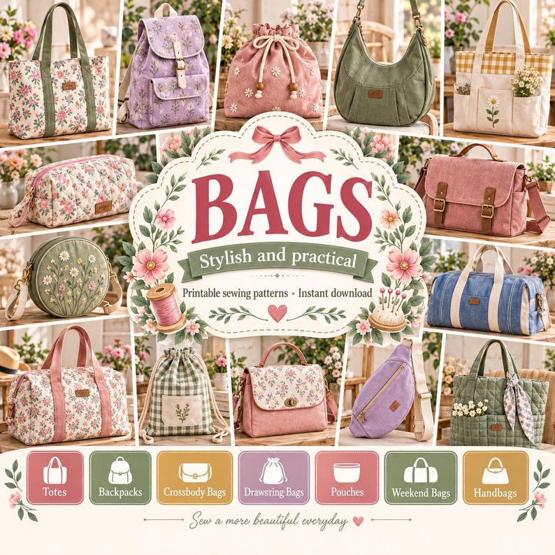 Puede incluir: Una colecci&oacute;n de varios bolsos de tela que incluyen totes, mochilas, bolsas de cord&oacute;n y estuches con patrones florales, de cuadros y lisos. El texto central dice BAGS, Stylish and practical, Printable sewing patterns, Instant download.