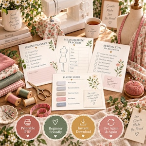 Puede incluir: Una colecci&oacute;n de hojas de planificaci&oacute;n de costura que incluye un rastreador de medidas, una gu&iacute;a de el&aacute;sticos y consejos para principiantes. Las p&aacute;ginas presentan ilustraciones florales, casillas de verificaci&oacute;n y texto. Tambi&eacute;n se ven suministros de costura como carretes de hilo, tijeras, una cinta m&eacute;trica y un alfiletero.