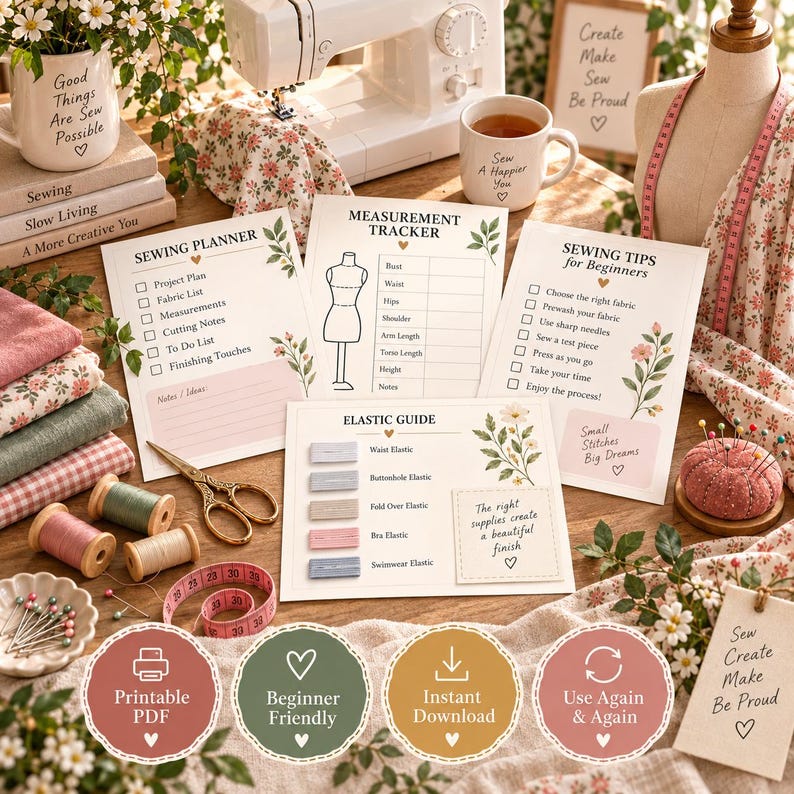 Puede incluir: Una colecci&oacute;n de hojas de planificaci&oacute;n de costura que incluye un rastreador de medidas, una gu&iacute;a de el&aacute;sticos y consejos para principiantes. Las p&aacute;ginas presentan ilustraciones florales, casillas de verificaci&oacute;n y texto. Tambi&eacute;n se ven suministros de costura como carretes de hilo, tijeras, una cinta m&eacute;trica y un alfiletero.