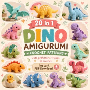Paquete de patrones de amigurumi de dinosaurios a crochet (20 en 1 PDF)
