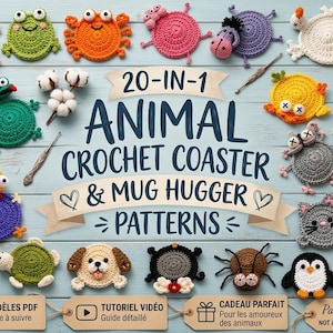 May include: A collection of twenty crocheted animal coasters and mug huggers in various colors and shapes, including a frog, turtle, crab, and penguin. The text 20-IN-1 ANIMAL CROCHET COASTER & MUG HUGGER PATTERNS is displayed in the center of the image.