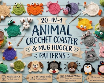 Patrones de posavasos y fundas para tazas de ganchillo con forma de animales (20 en 1) (Descarga en PDF)