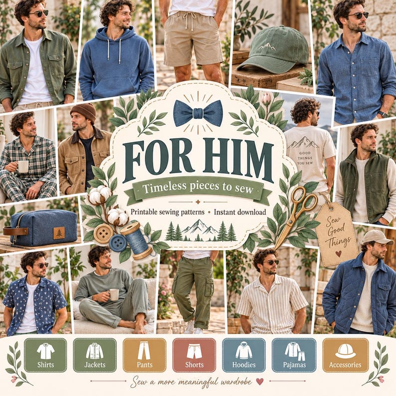 Puede incluir: Un collage de patrones de costura para ropa que incluye camisas, chaquetas, pantalones, shorts, sudaderas con capucha, pijamas y accesorios. El gr&aacute;fico central presenta una pajarita azul, el texto FOR HIM, Timeless pieces to sew, e ilustraciones de algod&oacute;n, botones y tijeras.