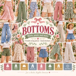 Puede incluir: Una colecci&oacute;n de patrones de costura imprimibles para diversas prendas inferiores, incluyendo faldas, pantalones y shorts. La imagen muestra m&uacute;ltiples estilos como pantalones anchos, faldas largas florales, shorts de mezclilla y faldas abotonadas.