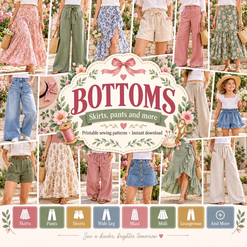 Puede incluir: Una colecci&oacute;n de patrones de costura imprimibles para diversas prendas inferiores, incluyendo faldas, pantalones y shorts. La imagen muestra m&uacute;ltiples estilos como pantalones anchos, faldas largas florales, shorts de mezclilla y faldas abotonadas.