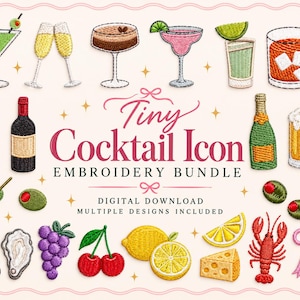 Tiny Cocktail Embroidery Bundle, Mini Drink Icons, Fruit Garnishes (Digital Download)