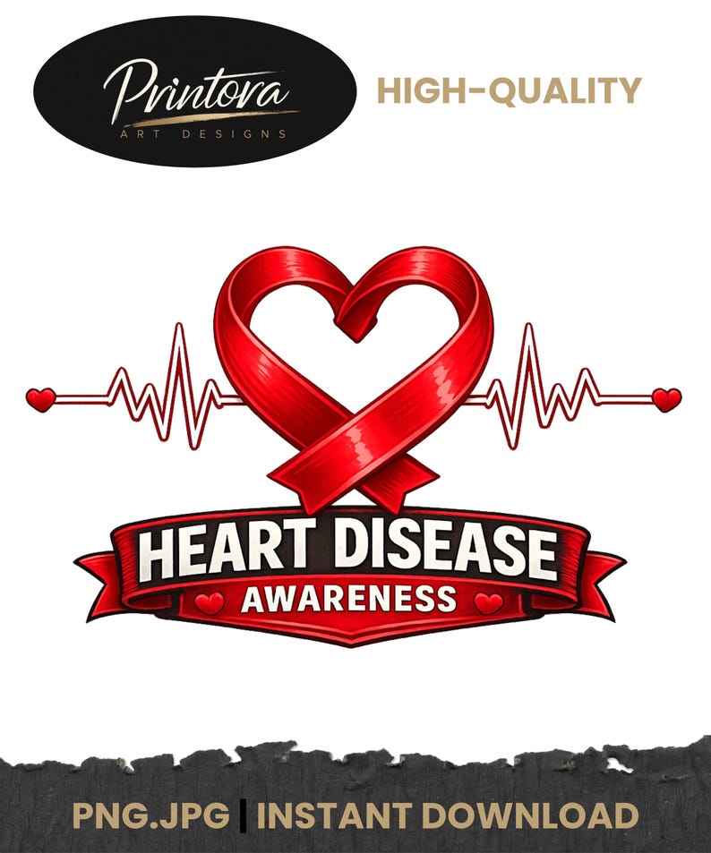 Heart Disease Awareness PNG | Red Ribbon ECG Design (digital Download ...