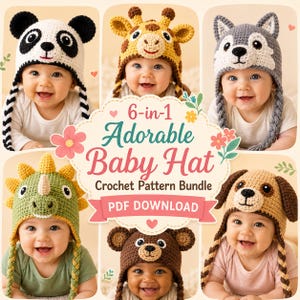6 Animal Crochet Hat Patterns Bundle, Baby PDF Patterns (Instant Download)