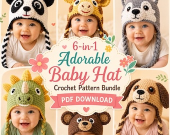 Paquete de 6 patrones de gorros de ganchillo con forma de animales, patrones PDF para bebés (descarga instantánea)