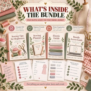 Puede incluir: Un paquete de costura digital con cuatro gu&iacute;as tituladas Sewing Tips for Beginners, Sewing Planner, Elastic Guide y Bundle Access Guide. El conjunto incluye planificadores de proyectos imprimibles, tablas de el&aacute;sticos y hojas de instrucciones.