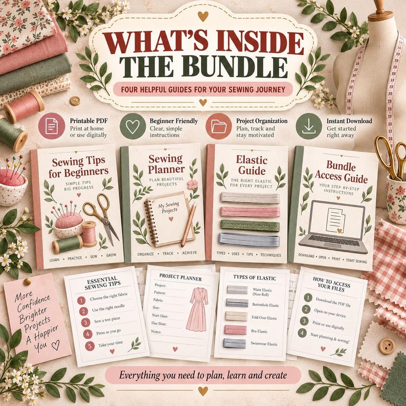 Puede incluir: Un paquete de costura digital con cuatro gu&iacute;as tituladas Sewing Tips for Beginners, Sewing Planner, Elastic Guide y Bundle Access Guide. El conjunto incluye planificadores de proyectos imprimibles, tablas de el&aacute;sticos y hojas de instrucciones.