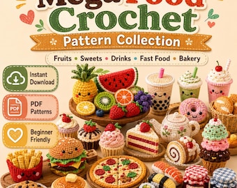 Paquete de patrones de ganchillo de alimentos: frutas, verduras, postres y comida rápida (descarga en PDF).