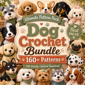 Pakiet ponad 160 wzorów szydełkowych na psy: pakiet PDF z amigurumi (do natychmiastowego pobrania)