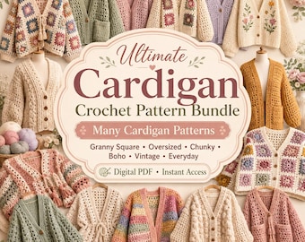 Paquete de patrones de cárdigan de ganchillo, estilo Grandma Square, suéter extragrande (PDF digital)