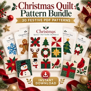 May include: A Christmas Quilt Pattern Bundle featuring 30 festive PDF patterns. The collection includes printed cards displaying designs like a snowflake, gingerbread person, reindeer, snowman, Christmas tree, and cardinal bird.