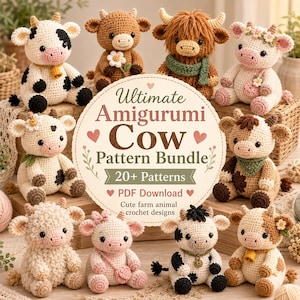 Zestaw wzorów szydełkowych na krowę, kolekcja plików PDF z amigurumi (do pobrania w wersji cyfrowej)