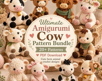 Paquete de patrones de ganchillo de vaca, colección de amigurumis en PDF (descarga digital)