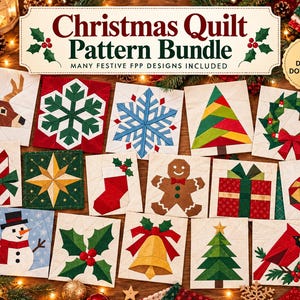 May include: A digital download bundle of Christmas quilt patterns featuring various festive designs including a reindeer, snowflake, Christmas tree, wreath, candy cane, star, stocking, gingerbread person, gift, ornament, snowman, holly, bell, and cardinal.