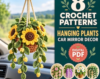 8 patrones de ganchillo para plantas colgantes y adornos florales para espejos retrovisores de coche (PDF digital)