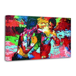 Pode incluir: Pintura abstrata de dois boxeadores em ação, renderizada com pinceladas ousadas e cores vibrantes. A obra apresenta uma composição dinâmica com tons vermelhos, azuis, amarelos e verdes, capturando a energia de uma luta de boxe. Os boxeadores usam luvas.