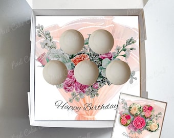 Inserto para cupcakes con diseño de ramo envuelto en tonos pastel, caja de regalo floral de feliz cumpleaños, 5 cupcakes estándar, plantilla imprimible para manualidades, expositor de panadería para preventa.
