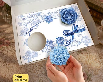 Floral Blue Toile Ribbon Cupcake Insert, Party Gift Box Collection, DIY Print At Home, Standard Cupcake Template, Birthday and Thank You Set