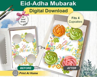 Inserto para cupcakes con corona de colores festivos de Eid Adha, caja de regalo para celebración, impresión DIY en casa, plantilla estándar para cupcakes, empaque para panadería en preventa