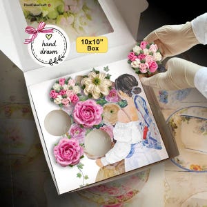 Insert pour cupcakes « Fille en jeans avec bouquet », boîte cadeau pour fête, 6 cupcakes standard, modèle à imprimer soi-même, idée d'emballage pour prévente de pâtisserie