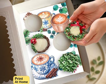 Holiday Coffee Café Cupcake Insert, Christmas Festive Gift Box, DIY Print At Home Template, Standard Cupcakes, Presale Bakery Display Idea