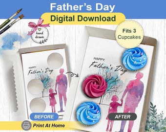 Plantilla para caja de regalo de padre e hija, inserto para cupcakes del Día del Padre, para 3 cupcakes estándar, impresión casera DIY, idea de empaque para panadería de preventa