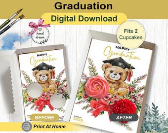 Plantilla para insertar cupcakes de oso graduado, caja de regalo de la promoción de 2026, para 2 cupcakes estándar, impresión casera DIY, idea de empaque para panadería de preventa