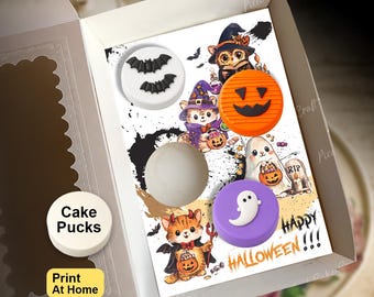 Cake and Oreo Pucks Halloween Witch Cat Insert, Holiday Party Gift Box, DIY Print At Home Template, Mini Cupcakes, Presale Bakery Packaging