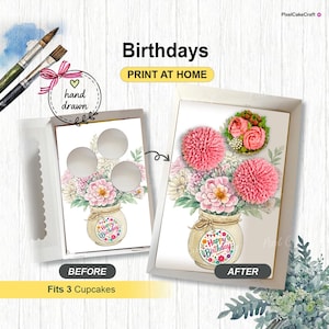 Inserto para cupcakes con diseño de jarrón de feliz cumpleaños, caja de regalo floral rosa, plantilla para imprimir en casa, 3 cupcakes estándar, idea de empaque para panadería en preventa